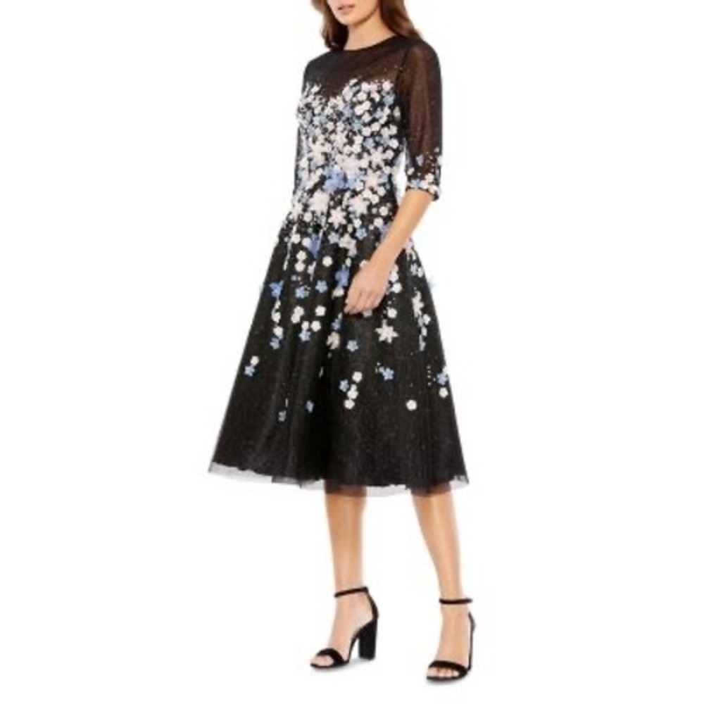 Mac Duggal 11161 Black‎ Multi Floral Applique Midi Dress Size 6 3D Flowers New